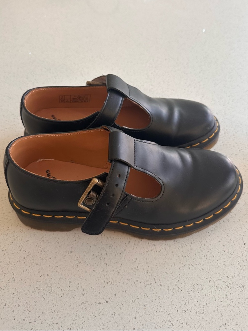 Dr. Martens Black Leather Mary Jane Shoes with Yellow Stitching